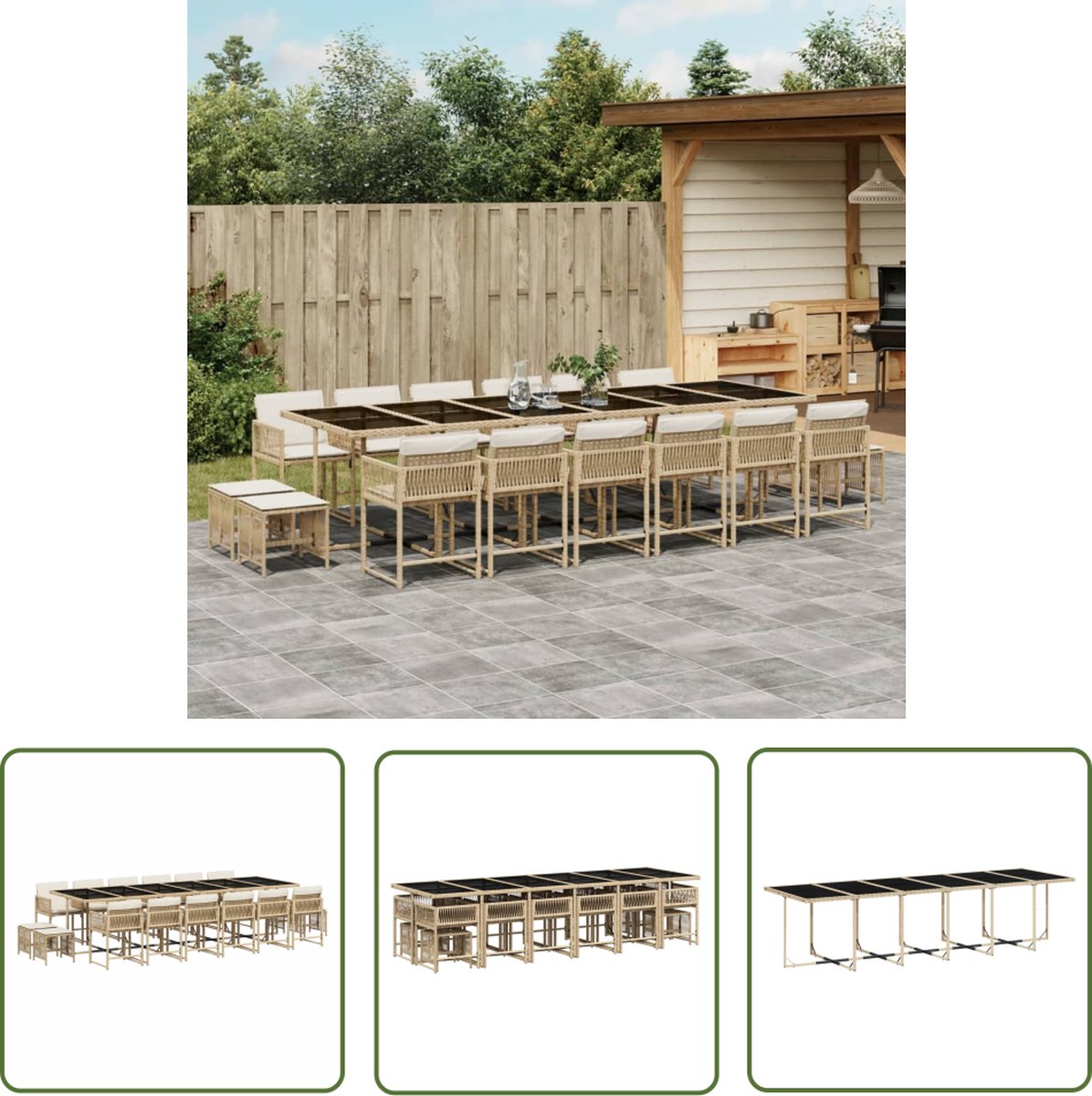 The Living Store 17-delige Tuinset met kussens poly rattan beige - Tuinset - Buitentijd - Lounge Set - Eetkamerset - Poly Ratan
