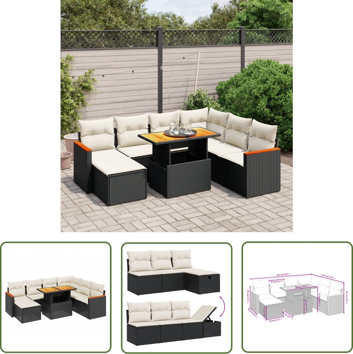 The Living Store 8-delige Loungeset met kussens poly rattan zwart - Loungeset - Tuinlounge - Lounge Set - Outdoor Furniture - Pe Rattan