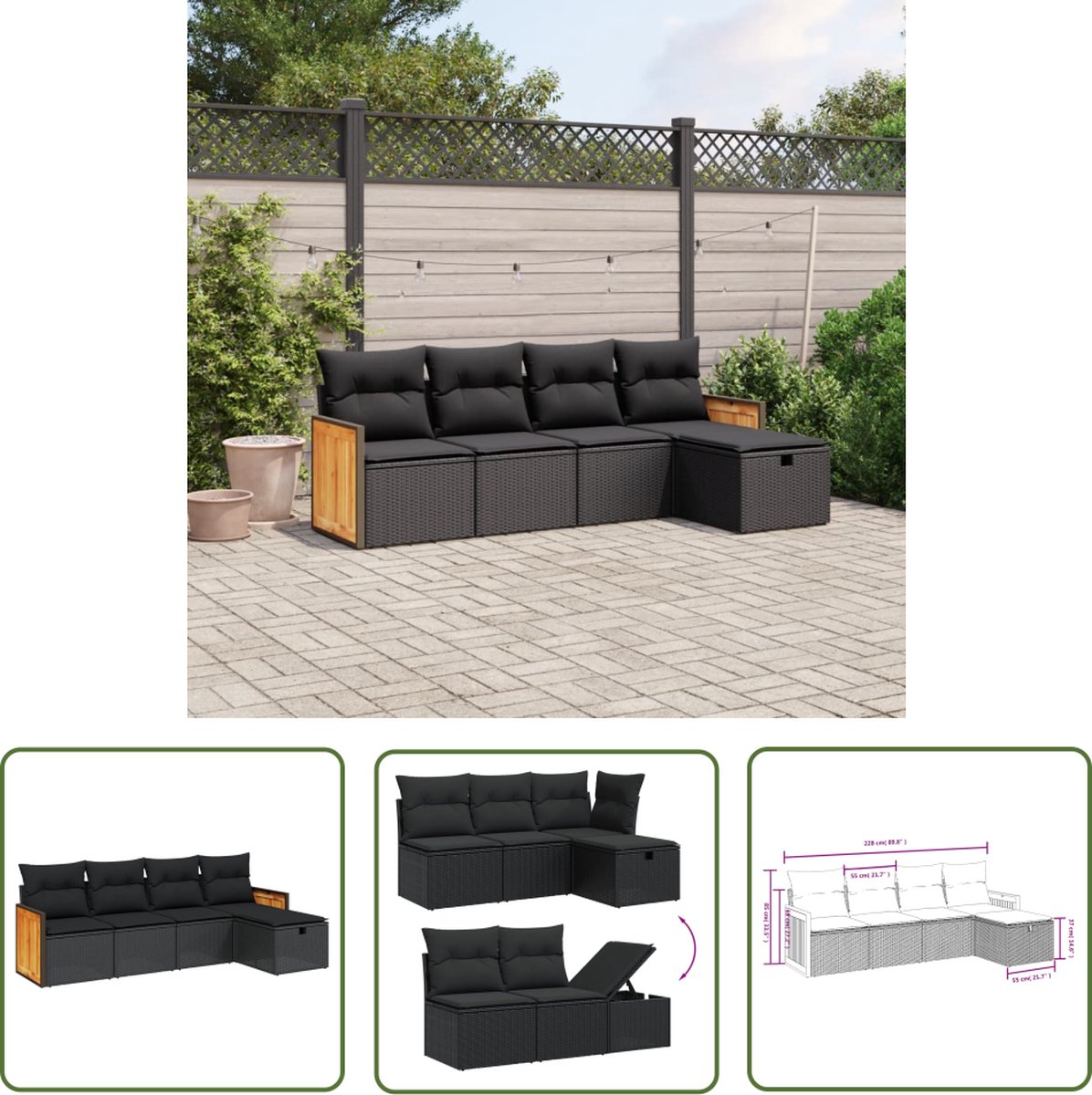 Zwarte poly rattan loungeset met kussens voor tuin en terras.