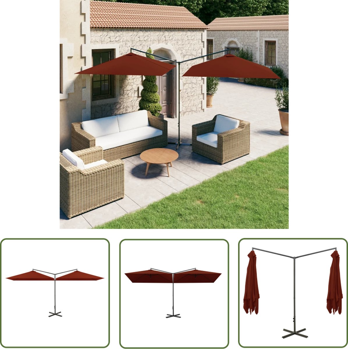 Dubbele terracottakleurige parasol met stalen paal 600x300 cm voor tuinsets en terrasdecoratie.