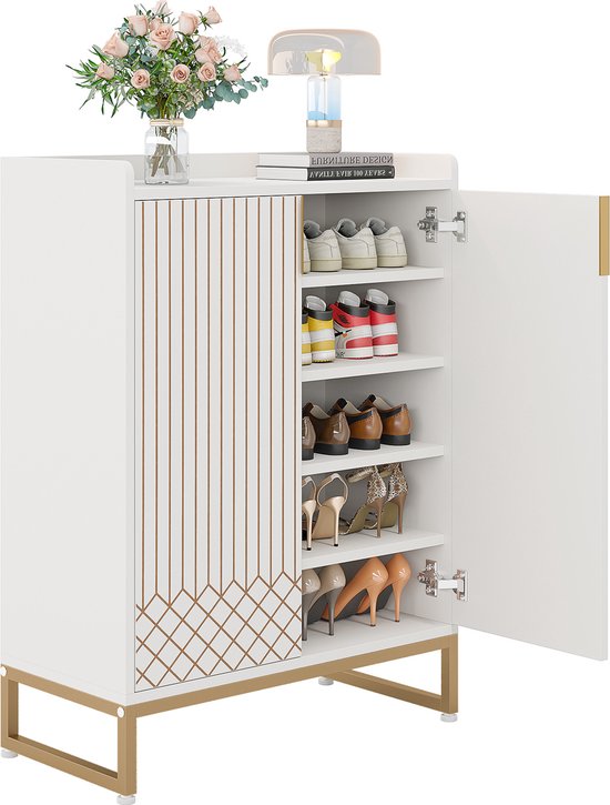 Tribesigns Étagère à chaussures – Meuble à chaussures à 5 niveaux – Banc à chaussures – Avec Portes – 25 paires – 35 x 73 x 105 cm – Wit