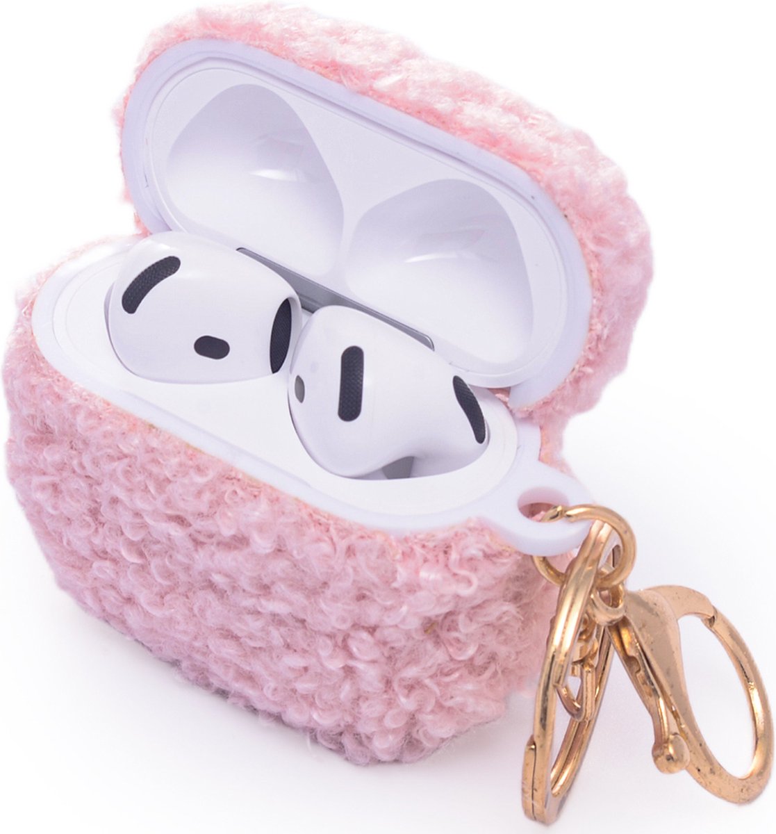 Casemania Hoesje Geschikt voor Apple AirPods 4 - Roze - Schokbestendig Teddy Furr Cover met Ring & Sleutelhanger