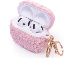 Casemania Hoesje Geschikt voor Apple AirPods 4 - Roze - Schokbestendig Teddy Furr Cover met Ring & Sleutelhanger