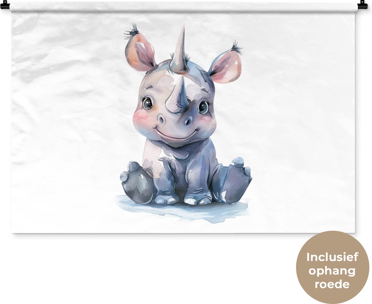 Wandkleed 150x100 cm - Wanddoek Neushoorn - Baby dier - Dieren - Wandtapijt - Wandkleden