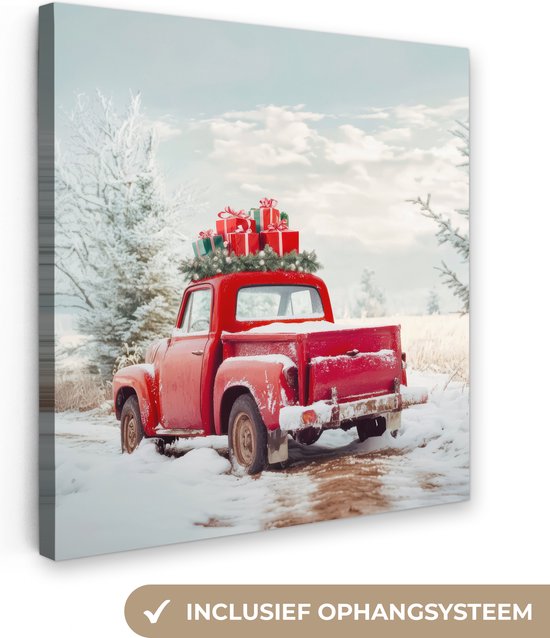Canvas schilderij 20x20 cm - Wanddecoratie Auto - Rood - Cadeaus - Winter - Sneeuw - Kerst - Muurdecoratie woonkamer - Slaapkamer decoratie - Kamer accessoires - Schilderijen - Kerstdecoratie voor binnen - Kerstversiering - Kerstmis versiering