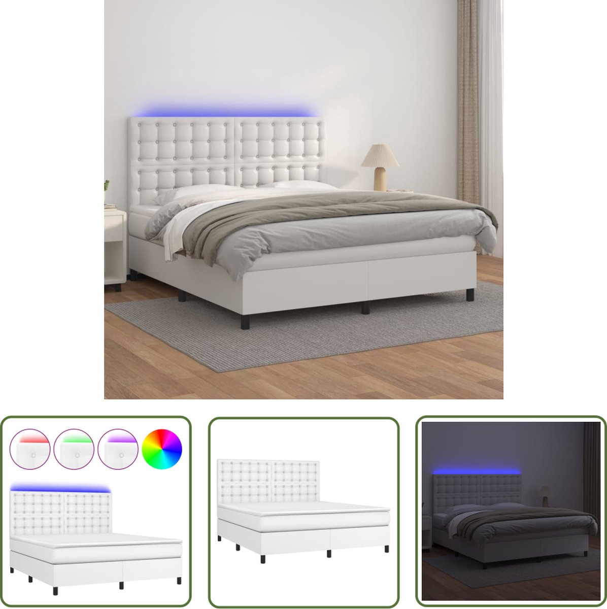 The Living Store Boxspring Bed - wit - 180 x 200 cm - inclusief LED-verlichting