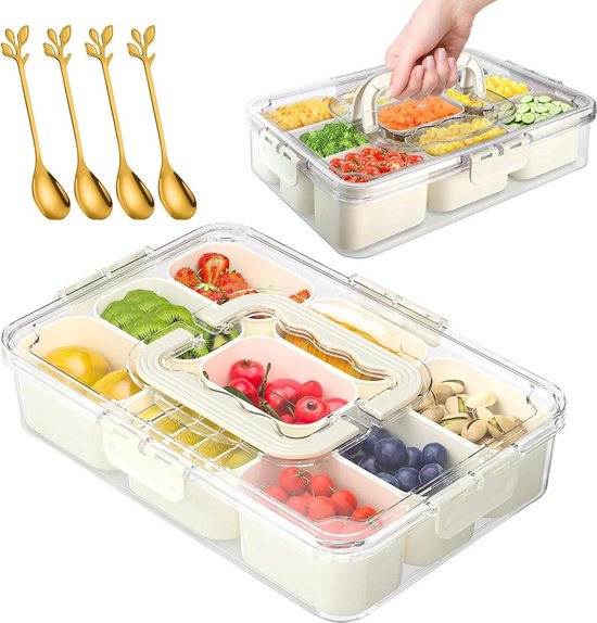Ruaizel Snackbox met vakken, verdeelde dienblad met deksel en handvat, 8 compartimenten snackbox voor snoep, fruit, noten, geschikt voor feest, picknick