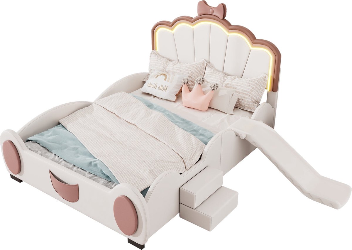 Merax Kinderbed 140x200 cm Schmetterling Bed met LED Verlichting - Rutsje en Ladder - Roze + Wit
