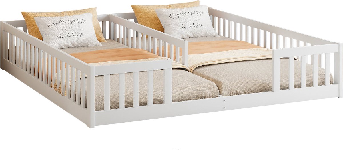 Merax Kinderbed met Uitvalbeveiligings Hek- 90x200 cm - Minimalistisch Design - Zonder Lattenbodem (Matrassen Niet Inbegrepen) - Hout en MDF - Wit