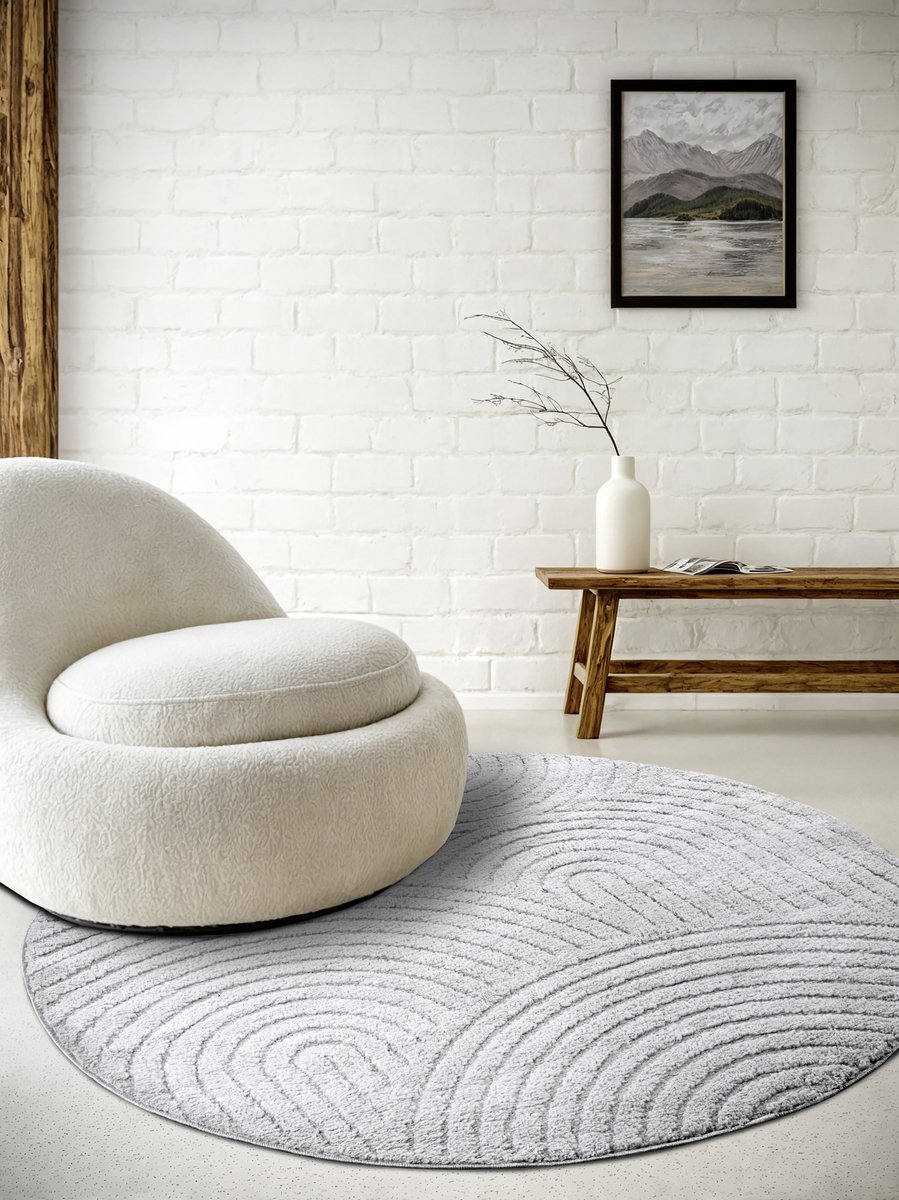 Elle Decoration Rond Japandi vloerkleed laagpolig - New York Design - Panglao Lichtgrijs / Zilver 160cm rond Ø
