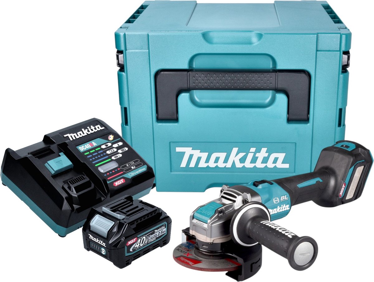Makita GA 041 GD101 Accu haakse slijper 40 V max. 125 mm X-LOCK Brushless + 1x oplaadbare accu 2,5 Ah + lader + Makpac
