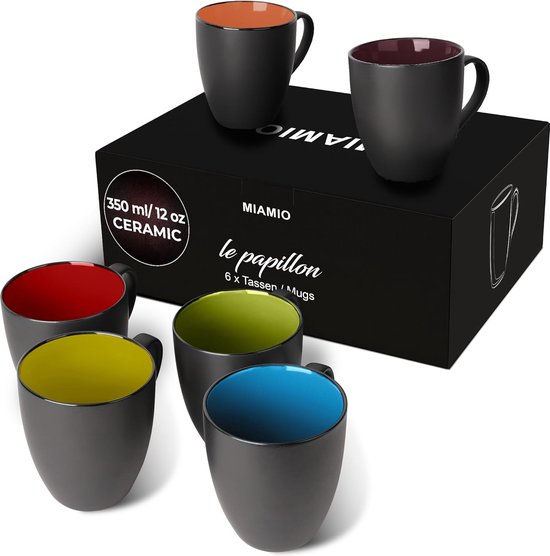 MIAMIO - 6 x 75 ml aardewerk espresso mok/mokken set zwarte buitenkant kleurrijke binnenkant (Kleurrijk