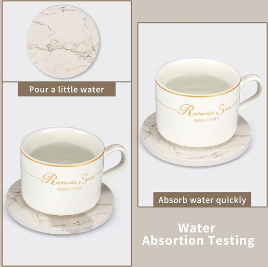 JZK 6 x Wit marmeren effect lederen onderzetters voor drankjes met houder, 9,7 cm 3,8 inch ronde beker matten onderzetter set voor kopjes glazen mokken