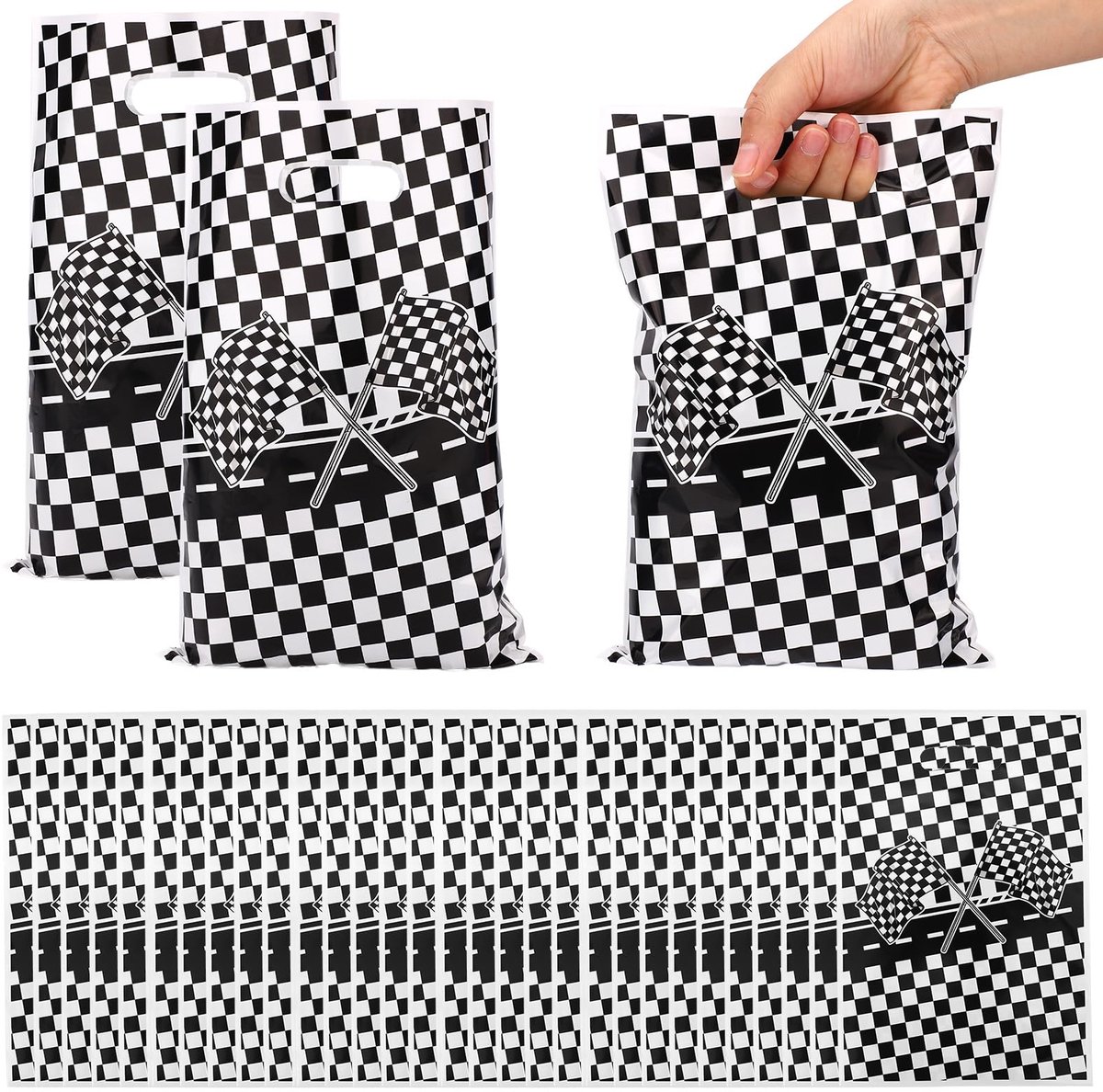 50pcs Checkered Race Gift Bags, Black and White Checkered Flag Candy Bags with Handles Race Theme Cake Treat Goodie Party Gift Bag for Race Car Birthday Party Decorations