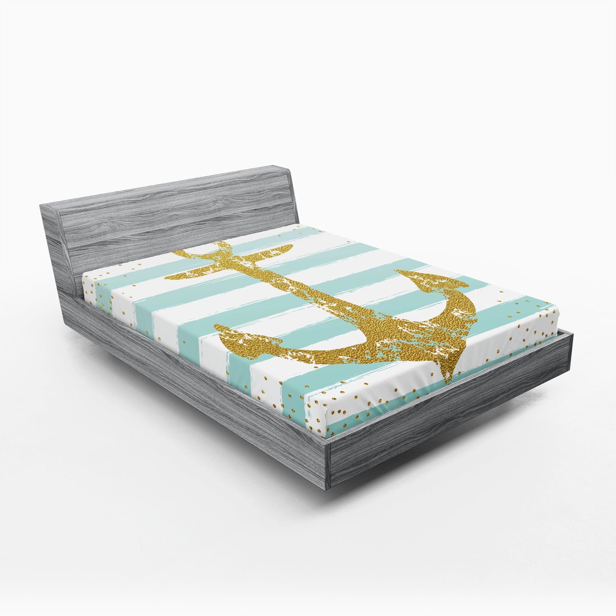 ABAKUHAUS Hoeslaken met Ankerprint, Marineblauw met Gouden Anker, Zachte Decoratieve stof met Elastische Randen, 140 cm x 200 cm, Lichtblauw Wit Bleekblauw Wit