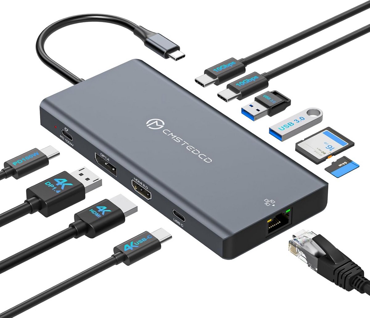 Image of 12-in-1 USB C Docking Station met 3 Schermen, HDMI, DisplayPort, 100W PD, Ethernet en USB 3.2