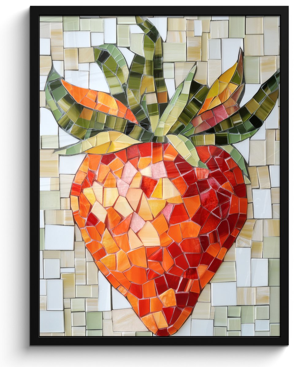 FrameYourWall Poster in lijst - Fotolijst 50x70 cm - Posters - Aardbei - Rood - Mozaïek - Fruit - Posterlijst zwart - Decoratie - Wanddecoratie woonkamer - Muurdecoratie slaapkamer Aardbei - Mozaïek