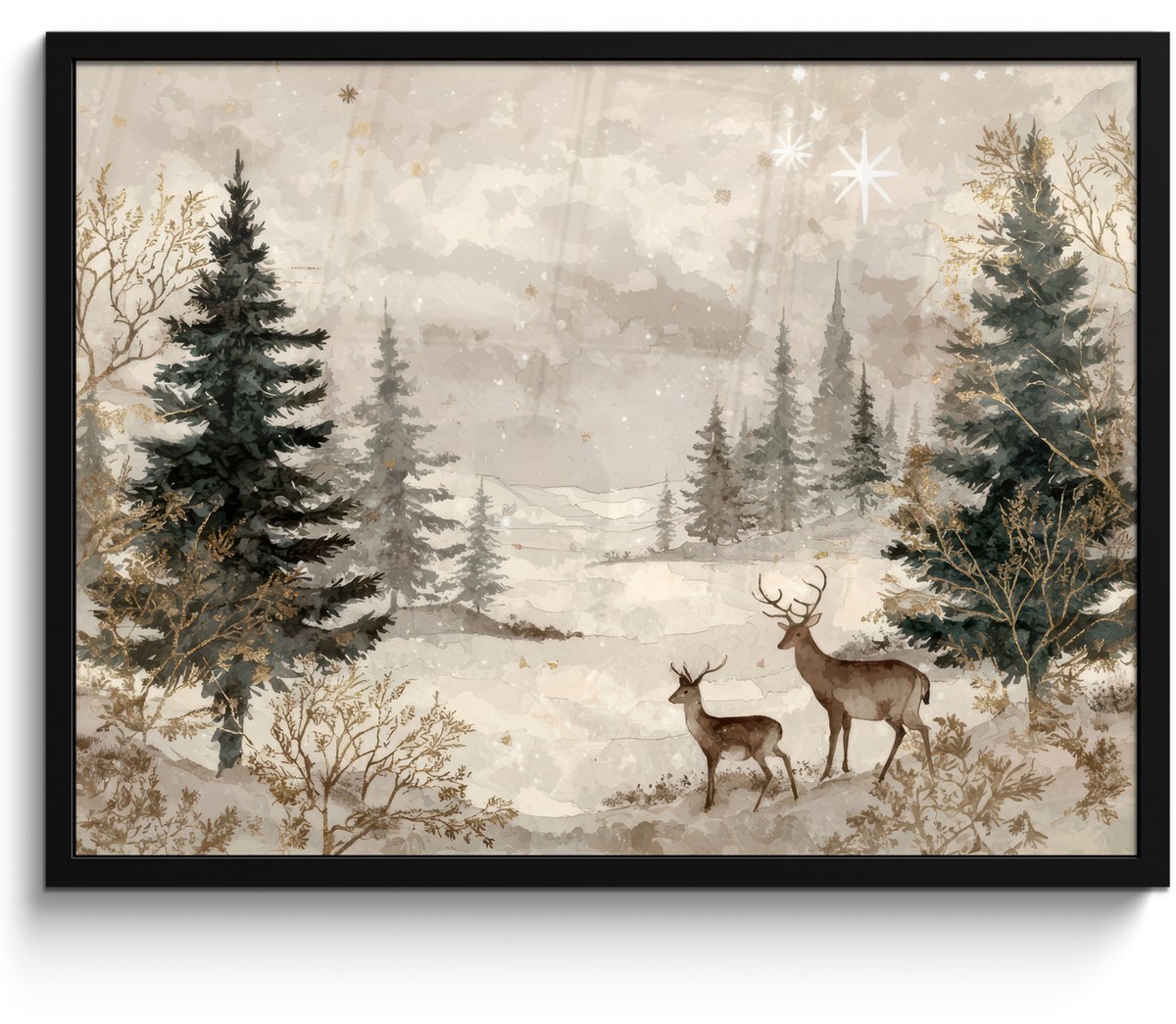 FrameYourWall Poster in lijst - Fotolijst 70x50 cm - Posters - Bos - Herten - Winter - Sneeuw - Posterlijst zwart - Decoratie - Wanddecoratie woonkamer - Muurdecoratie slaapkamer