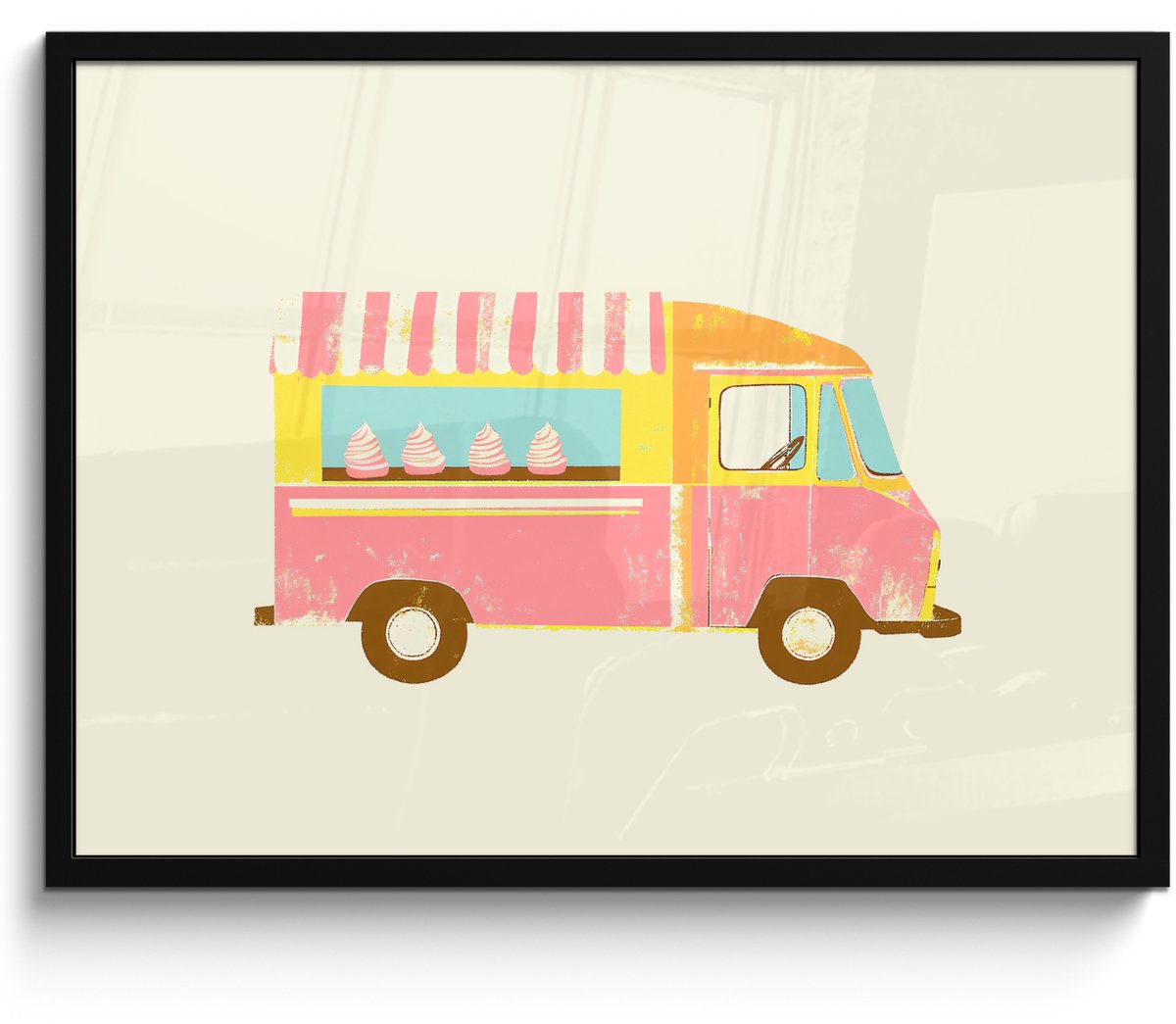 FrameYourWall Poster in lijst - Fotolijst 70x50 cm - Posters - Ijskar - Retro - Softijsjes - Roze - Posterlijst zwart - Decoratie - Wanddecoratie woonkamer - Muurdecoratie slaapkamer