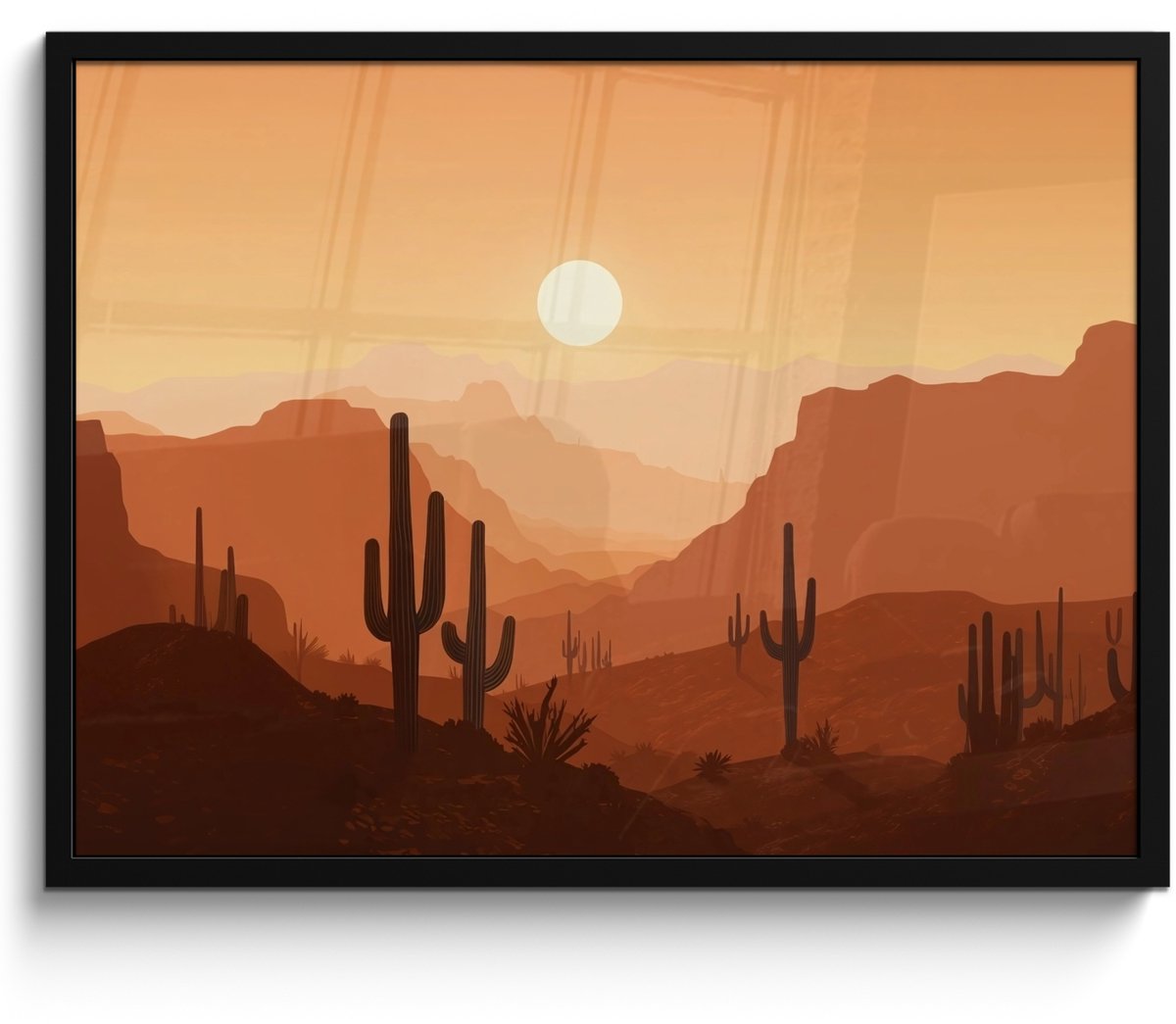 FrameYourWall Poster in lijst - Fotolijst 70x50 cm - Posters - Landschap - Woestijn - Cactussen - Zon - Posterlijst zwart - Decoratie - Wanddecoratie woonkamer - Muurdecoratie slaapkamer