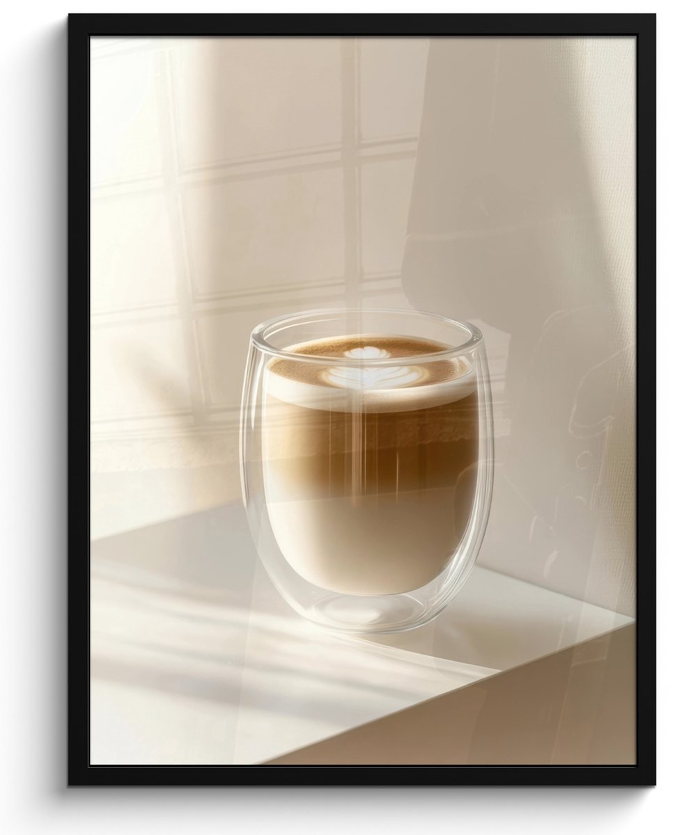 FrameYourWall Poster in lijst - Fotolijst 50x70 cm - Posters - Mok - Latte - Minimalistisch - Schaduw - Posterlijst zwart - Decoratie - Wanddecoratie woonkamer - Muurdecoratie slaapkamer Glas - Latte
