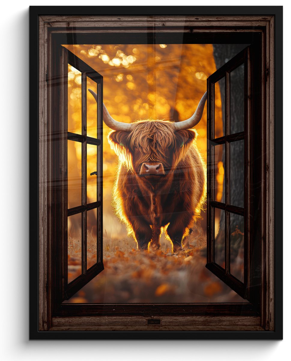 FrameYourWall Poster in lijst - Fotolijst 50x70 cm - Posters - Schotse hooglander - Bos - Herfst - Dieren - Natuur - Bladeren - Doorkijk - Posterlijst zwart - Decoratie - Wanddecoratie woonkamer - Muurdecoratie slaapkamer Bruin