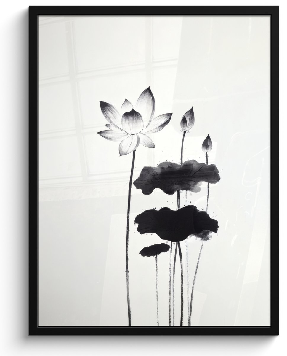 FrameYourWall Poster in lijst - Fotolijst 50x70 cm - Posters - Bladeren - Zwart - Lotusbloem - Minimalitisch - Posterlijst zwart - Decoratie - Wanddecoratie woonkamer - Muurdecoratie slaapkamer