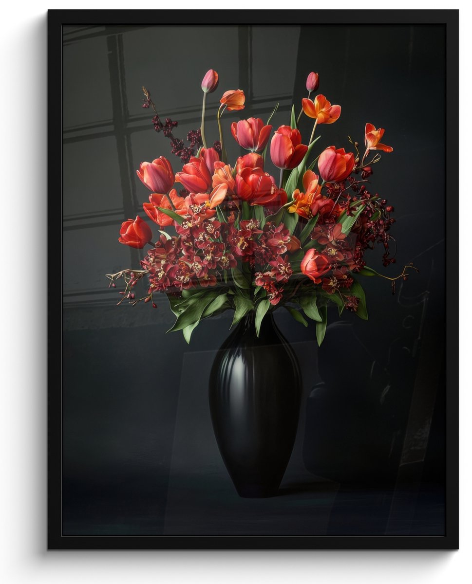 FrameYourWall Poster in lijst - Fotolijst 50x70 cm - Posters - Boeket - Tulpen - Vaas - Rood - Posterlijst zwart - Decoratie - Wanddecoratie woonkamer - Muurdecoratie slaapkamer Boeket - Bloemen 2
