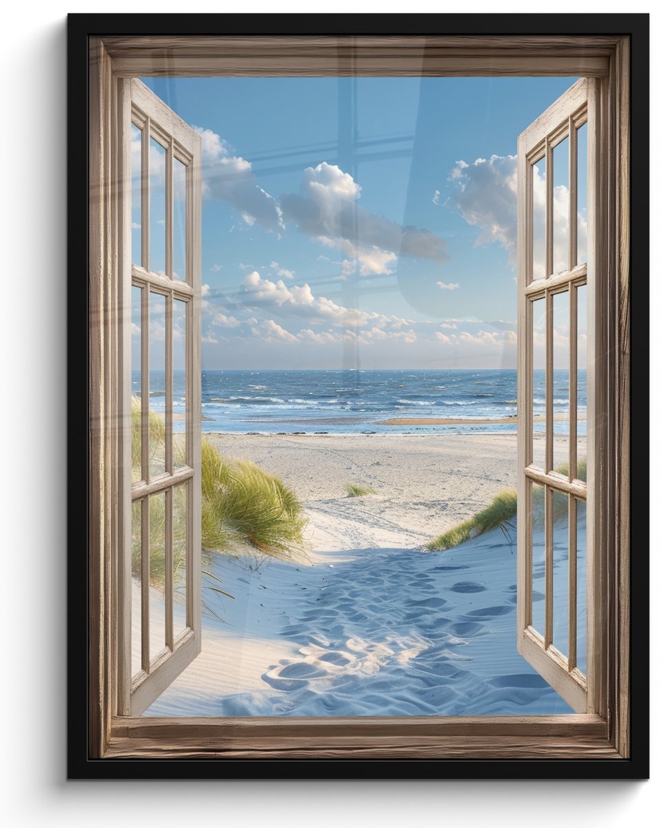 FrameYourWall Poster in lijst - Fotolijst 50x70 cm - Posters - Doorkijk - Strand - Raam - Duinen - Zee - Posterlijst zwart - Decoratie - Wanddecoratie woonkamer - Muurdecoratie slaapkamer Strand - Zee