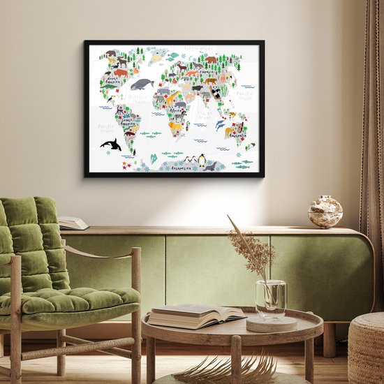 Wereldkaart - Kinderen - Dieren - Planten - Schoolplaat - Kinderkamer - 70x50 cm