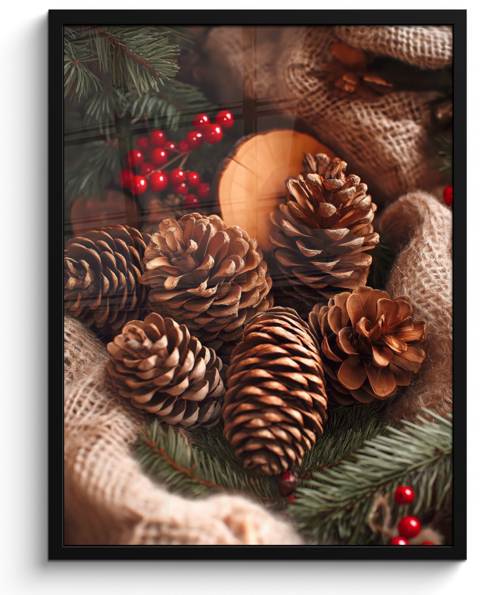 FrameYourWall Poster in lijst - Fotolijst 50x70 cm - Posters - Dennenappels - Boom - Winter - Natuur - Bruin - Posterlijst zwart - Decoratie - Wanddecoratie woonkamer - Muurdecoratie slaapkamer