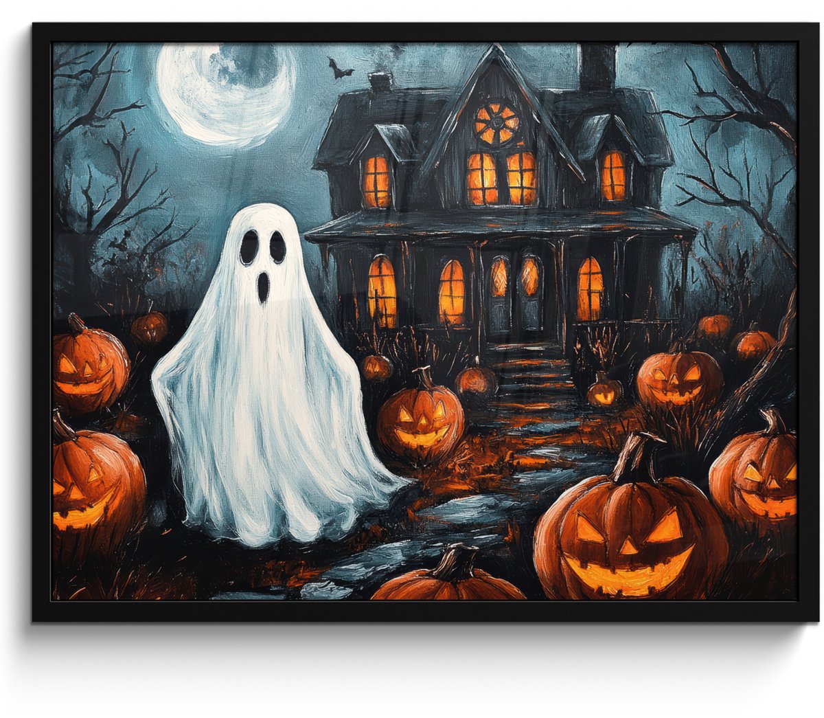 FrameYourWall Poster in lijst - Fotolijst 70x50 cm - Posters - Halloween - Spookhuis - Pompoen - Spook - Posterlijst zwart - Decoratie - Wanddecoratie woonkamer - Muurdecoratie slaapkamer
