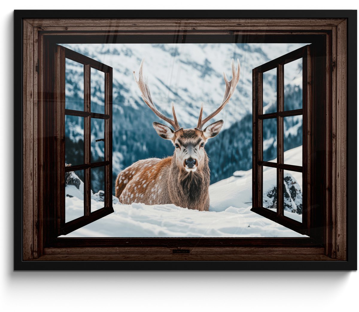 FrameYourWall Poster in lijst - Fotolijst 70x50 cm - Posters - Hert - Landschap - Winter - Natuur - Dieren - Doorkijk - Bergen - Posterlijst zwart - Decoratie - Wanddecoratie woonkamer - Muurdecoratie slaapkamer