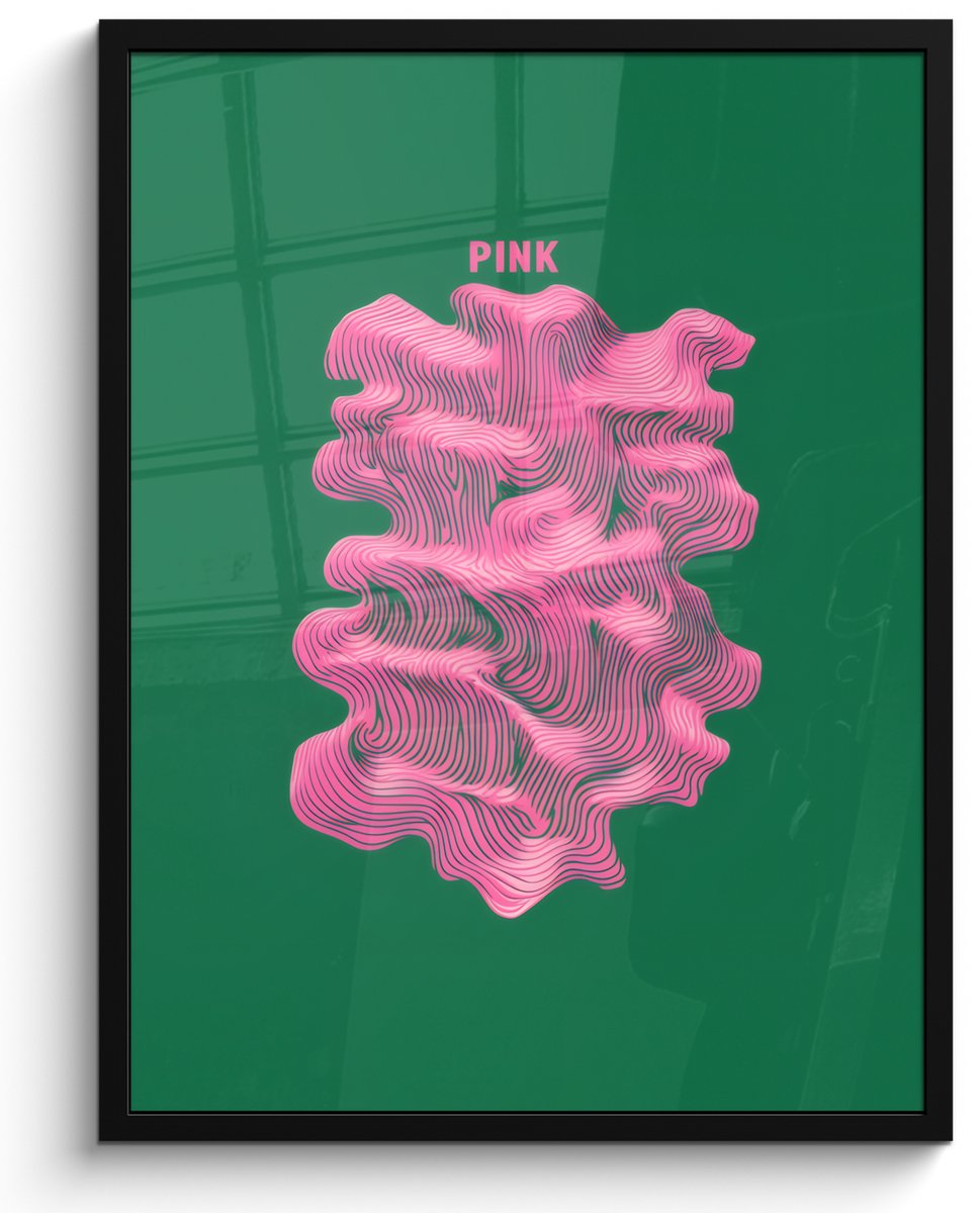 FrameYourWall Poster in lijst - Fotolijst 50x70 cm - Posters - Abstract - Pink - Lijnen - Groen - Posterlijst zwart - Decoratie - Wanddecoratie woonkamer - Muurdecoratie slaapkamer