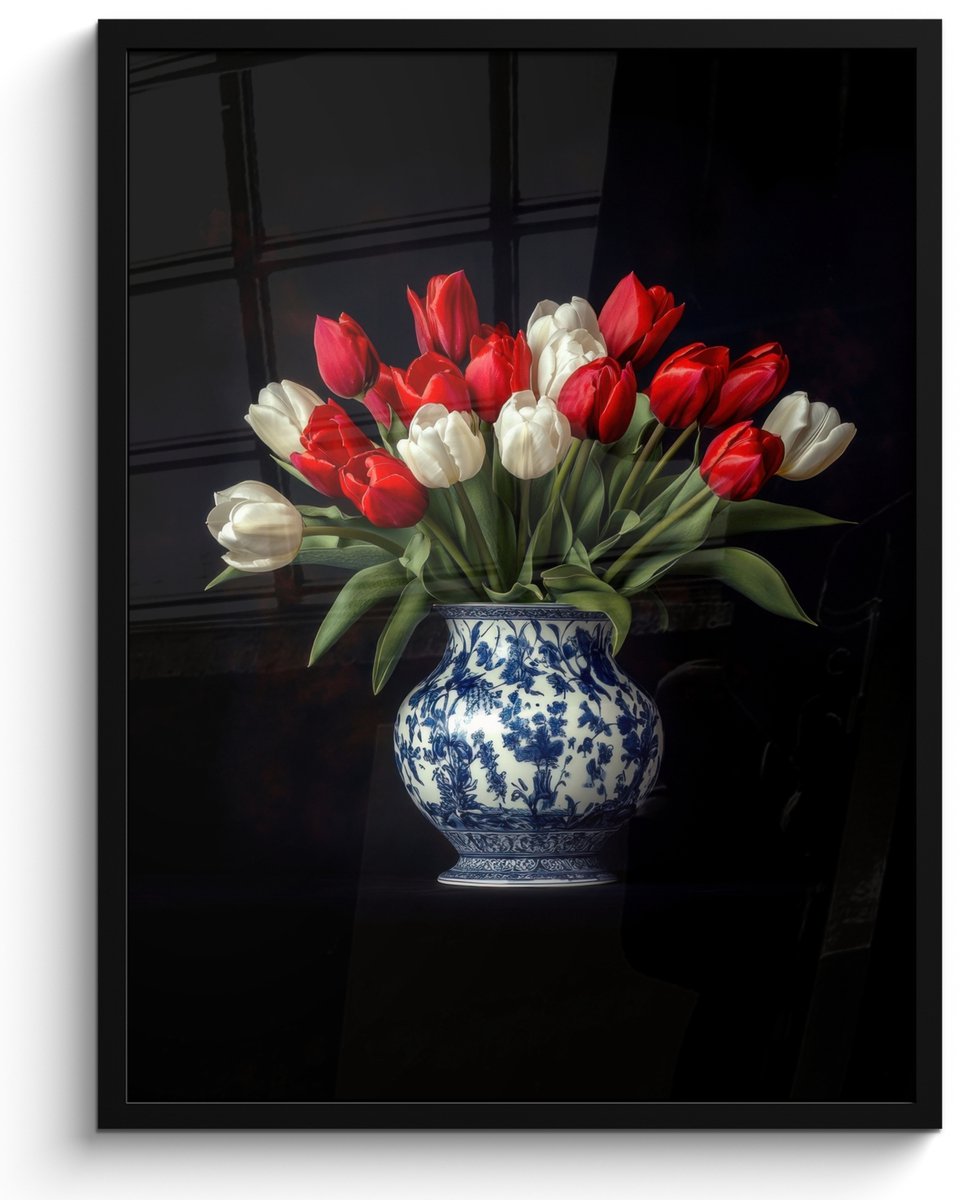 FrameYourWall Poster in lijst - Fotolijst 50x70 cm - Posters - Rode - Bloemen - Tulpen - Vaas - Posterlijst zwart - Decoratie - Wanddecoratie woonkamer - Muurdecoratie slaapkamer Tulpen - Rood - Wit