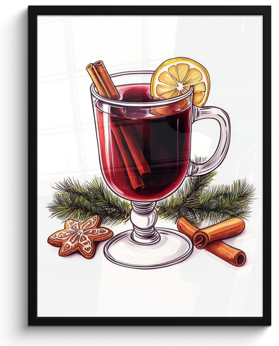 FrameYourWall Poster in lijst - Fotolijst 50x70 cm - Posters - Wijn - Drinken - Gluhwein - Winter - Illustratie - Kerst - Posterlijst zwart - Decoratie - Wanddecoratie woonkamer - Muurdecoratie slaapkamer - Kerstversiering - Kerstdecoratie voor binnen - Kerstmis Winter - Glühwein