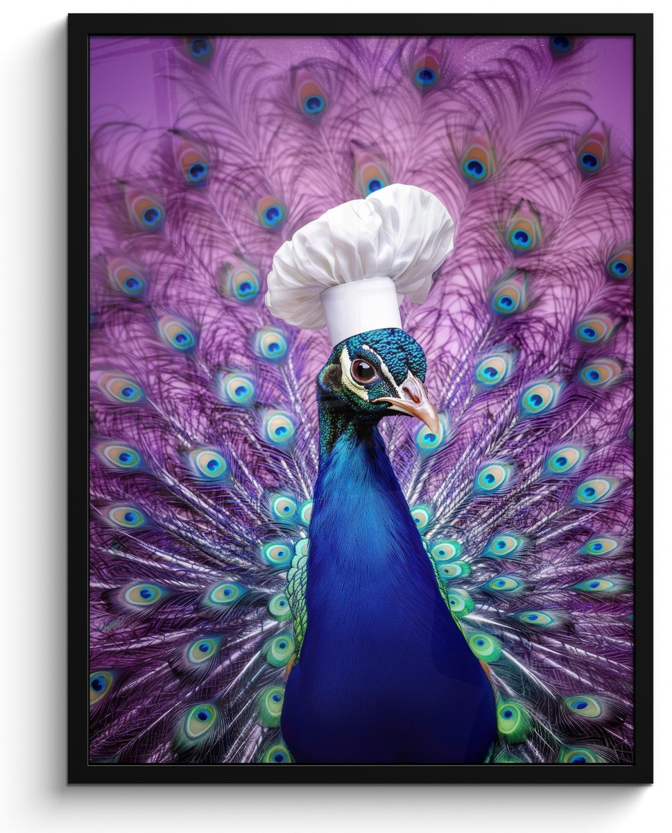FrameYourWall Fotolijst inclusief poster - Posterlijst 50x70 cm - Posters - Pauw - Koksmuts - Cool - Paars - Foto in lijst - Keuken decoratie muur - Wanddecoratie accessoires - Muurdecoratie - Schilderijen Koksmuts - Pauw