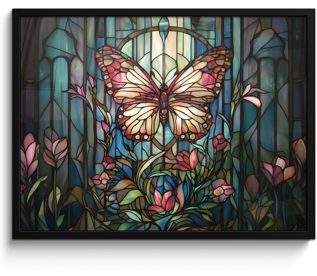 FrameYourWall Poster in lijst - Fotolijst 70x50 cm - Posters - Vlinder - Roze - Bloemen - Bladeren - Posterlijst zwart - Decoratie - Wanddecoratie woonkamer - Muurdecoratie slaapkamer Vlinder - Mozaïek