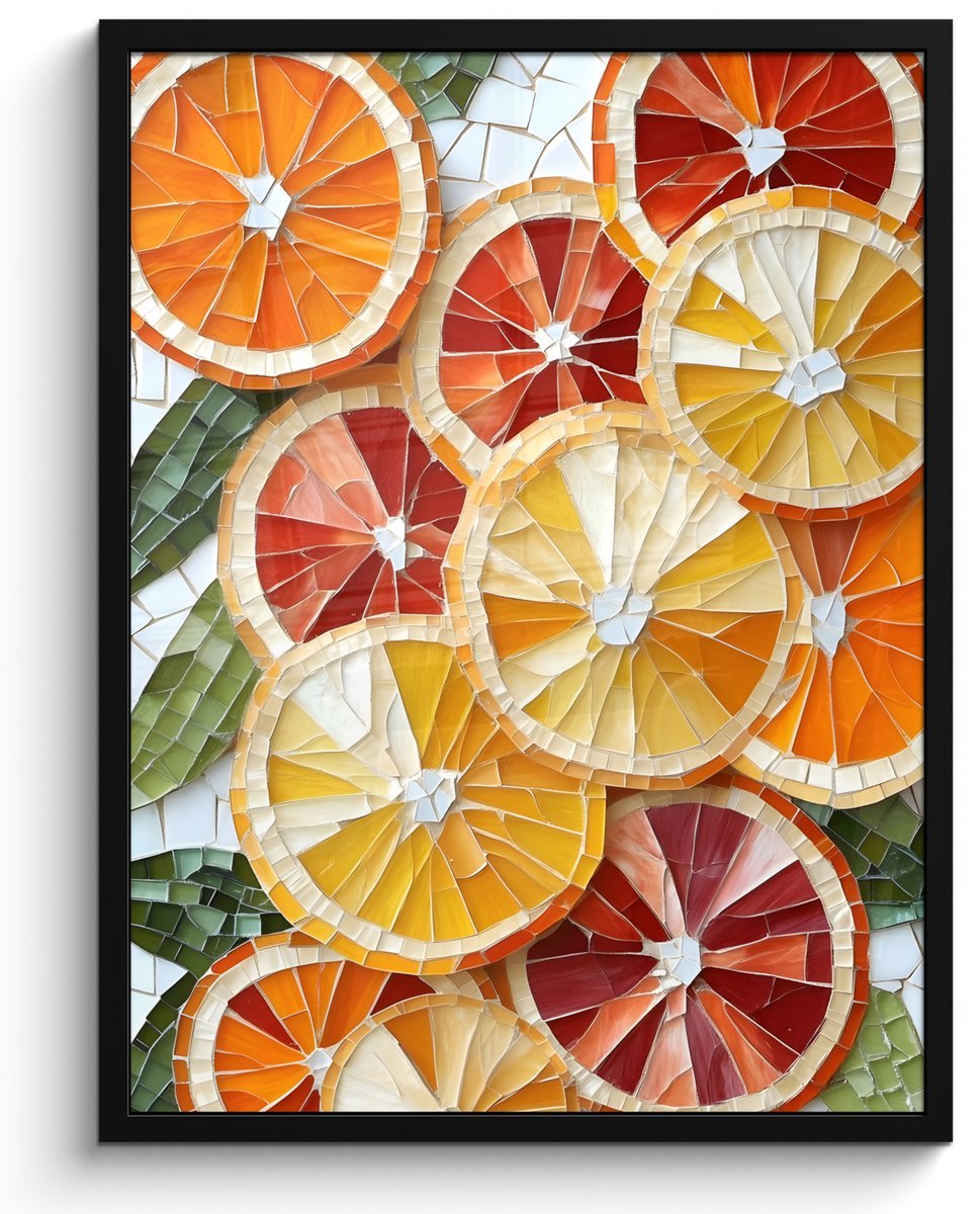 FrameYourWall Poster in lijst - Fotolijst 50x70 cm - Posters - Schijfjes - Fruit - Oranje - Mozaïek - Posterlijst zwart - Decoratie - Wanddecoratie woonkamer - Muurdecoratie slaapkamer Citrusvruchten - Schijfjes