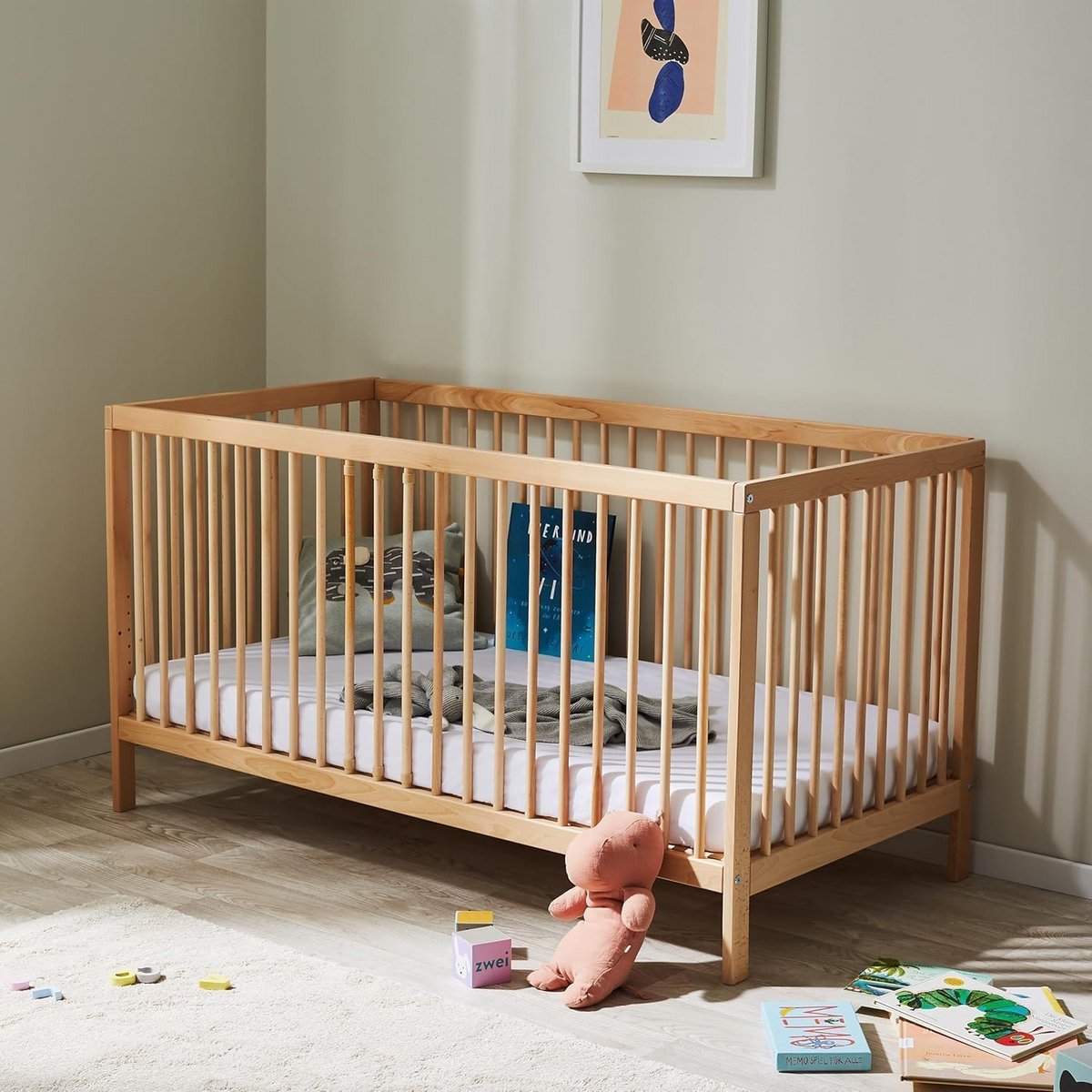 Babybed 60x120 cm - Verstelbare hoogte, Afneembare spijlen, Natuurlijk beukenhout