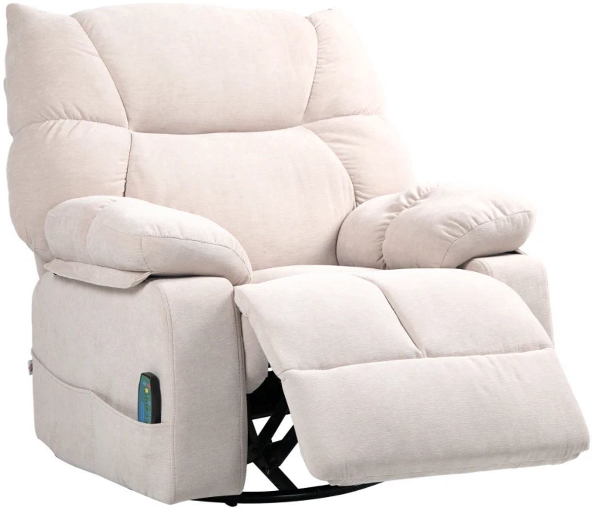 Elektrische Massagestoel - Massagefauteuil met Verwarmingsfunctie - Schommel- en 360°-Draaifunctie - 8 Vibratiekoppen - Kantelbaar tot 145° - tot 150 kg - met Afstandsbediening - Relaxfauteuil - Relaxstoel - TV stoel - Beige
