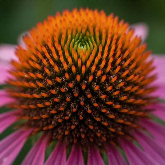 Close-up van het oranje hart van een paarse zonnehoed, met puntige bloemblaadjes in de achtergrond.