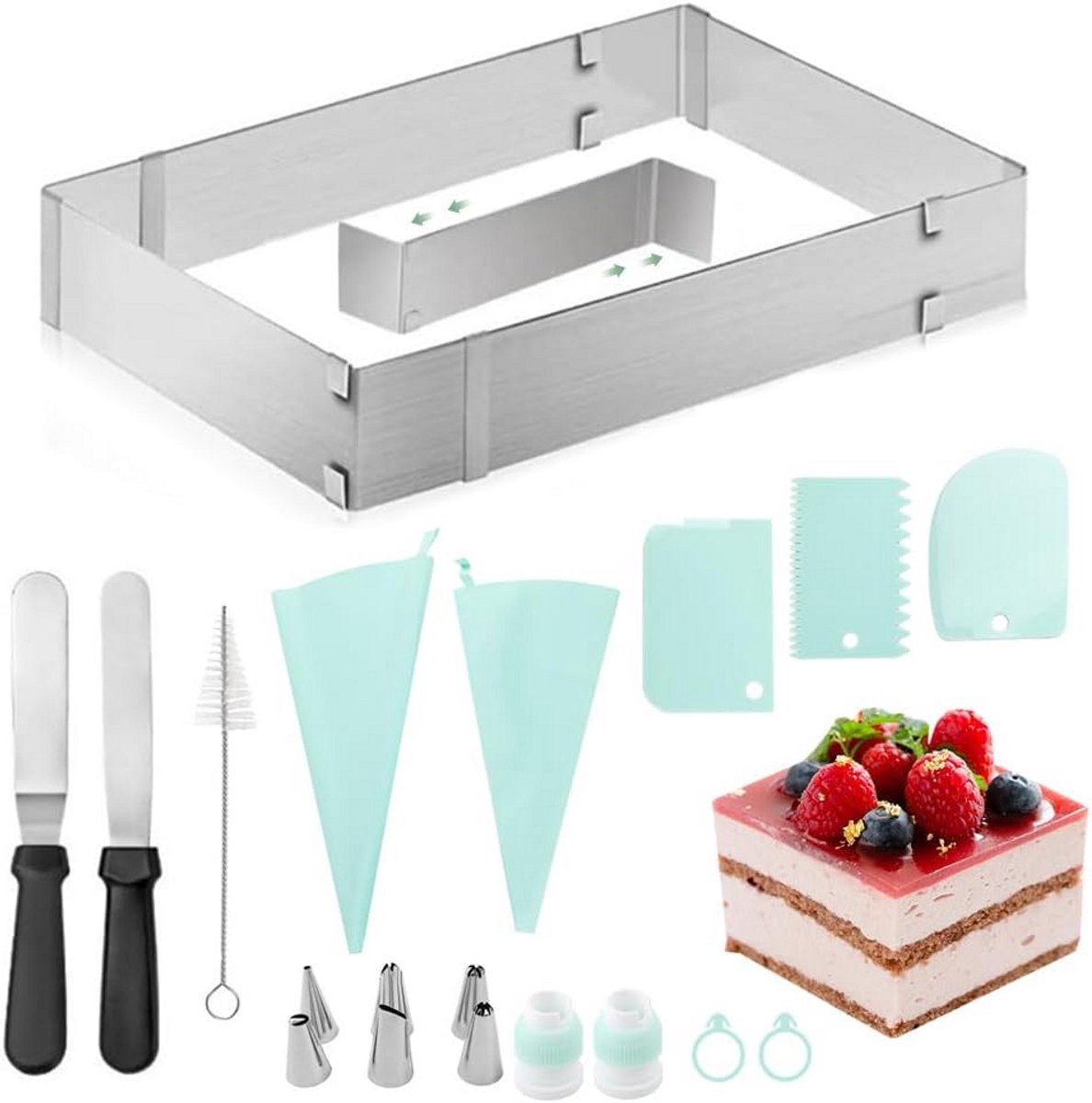 Verstelbaar Bakframe Rechthoekig RVS (28-53 x 18-34 cm) met Taartring en Bakgereedschap Set