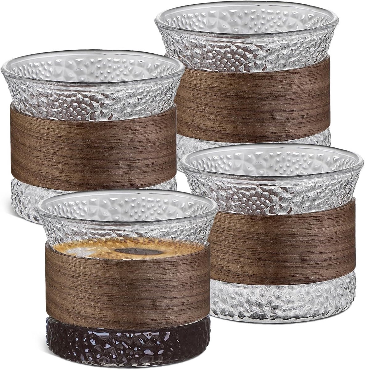 Set van 4 Glazen Espressokopjes met Walnoothouder, 150 ml