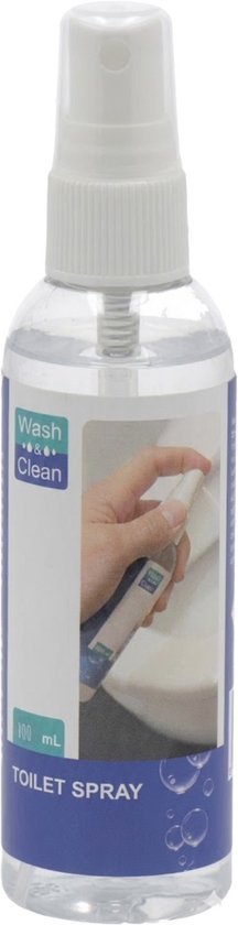 Doorzichtige spuitfles van 100 ml met blauw en wit label waarop "Wash & Clean" en "TOILET SPRAY" staat.