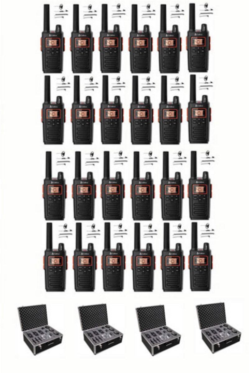 Set van 24 Cobra RX380 PMR446 portofoons IPX2 met D-shape oortje en koffer