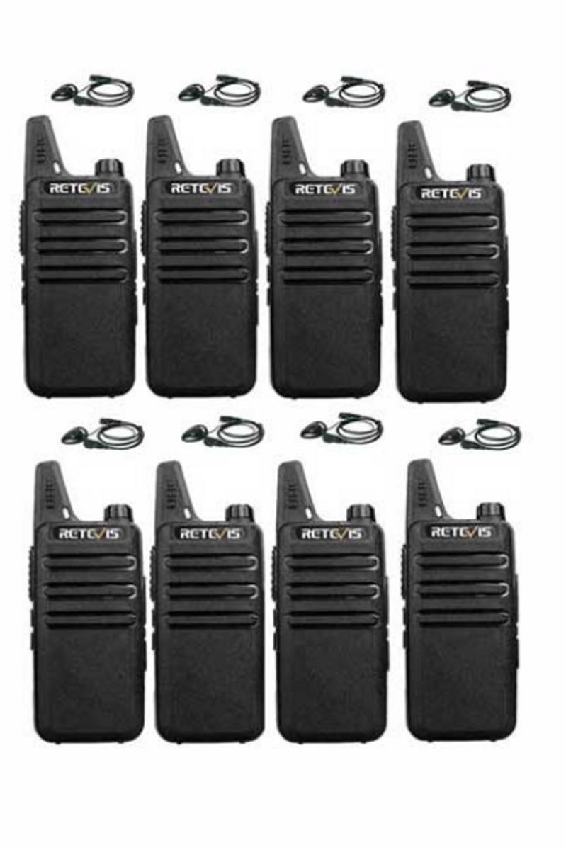 Set van 8 Retevis RT622 vergunning vrije UHF mini portofoons met D-shape oortje