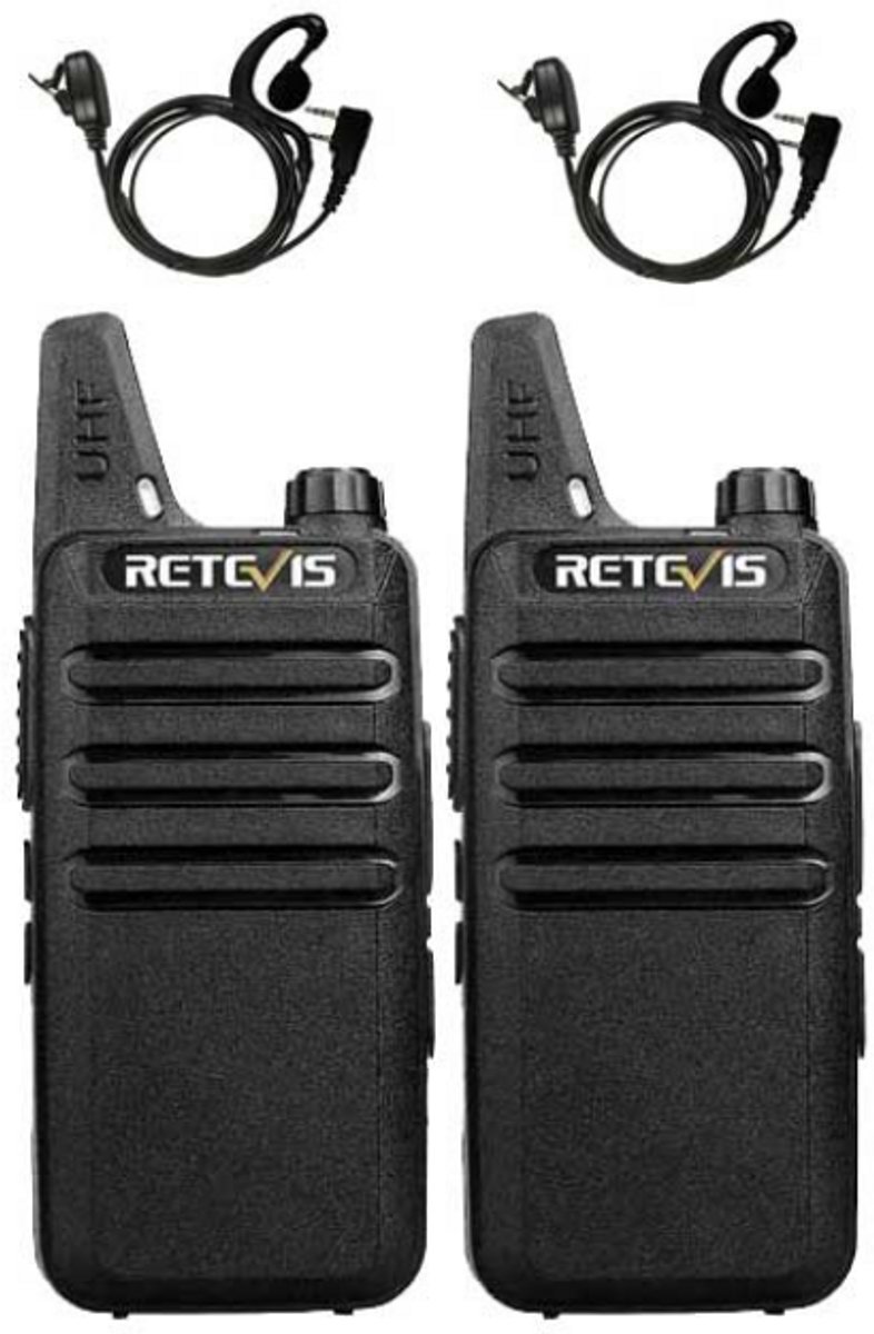 Set van 2 Retevis RT622 vergunning vrije UHF mini portofoons met G-shape oortje