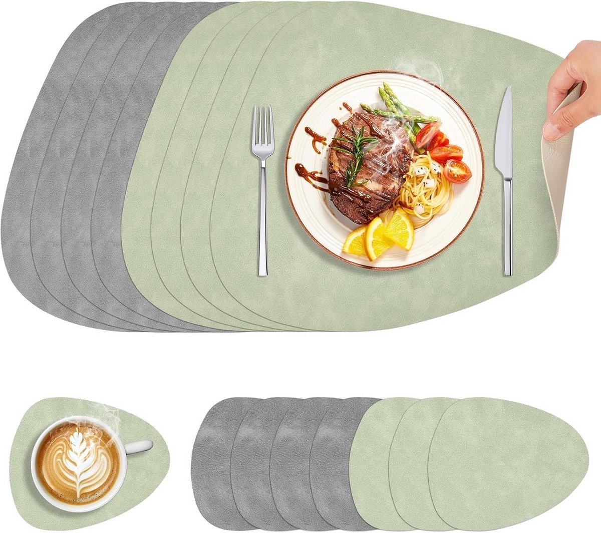 Set van 8 dubbelzijdige placemats van imitatieleer, inclusief bamboe onderzetters