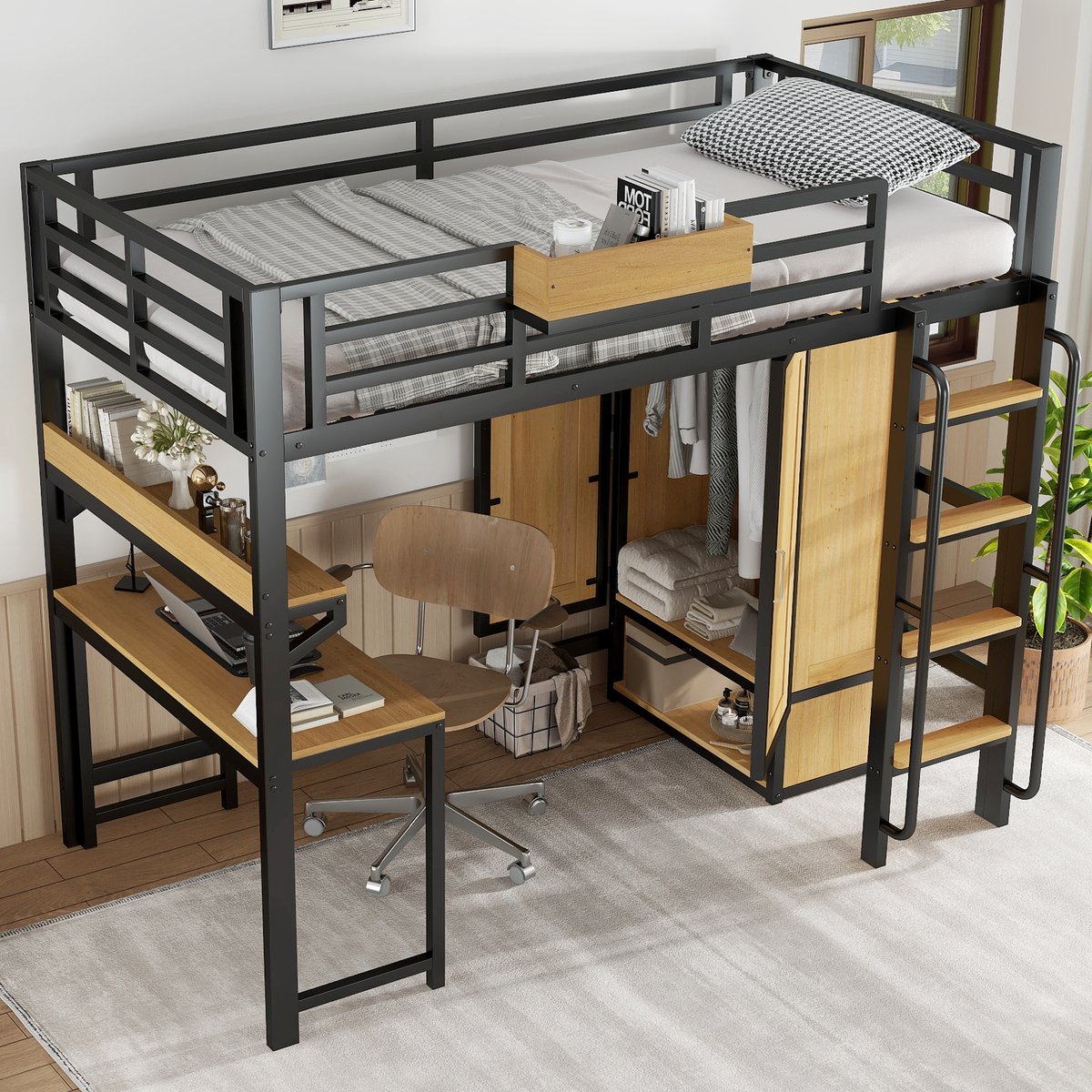 MODENUIT Hoogslaper 90x200 cm – Met kledingkast, bureau en opbergvakken – Trap met leuningen – Zonder matras – Zwart/Naturel